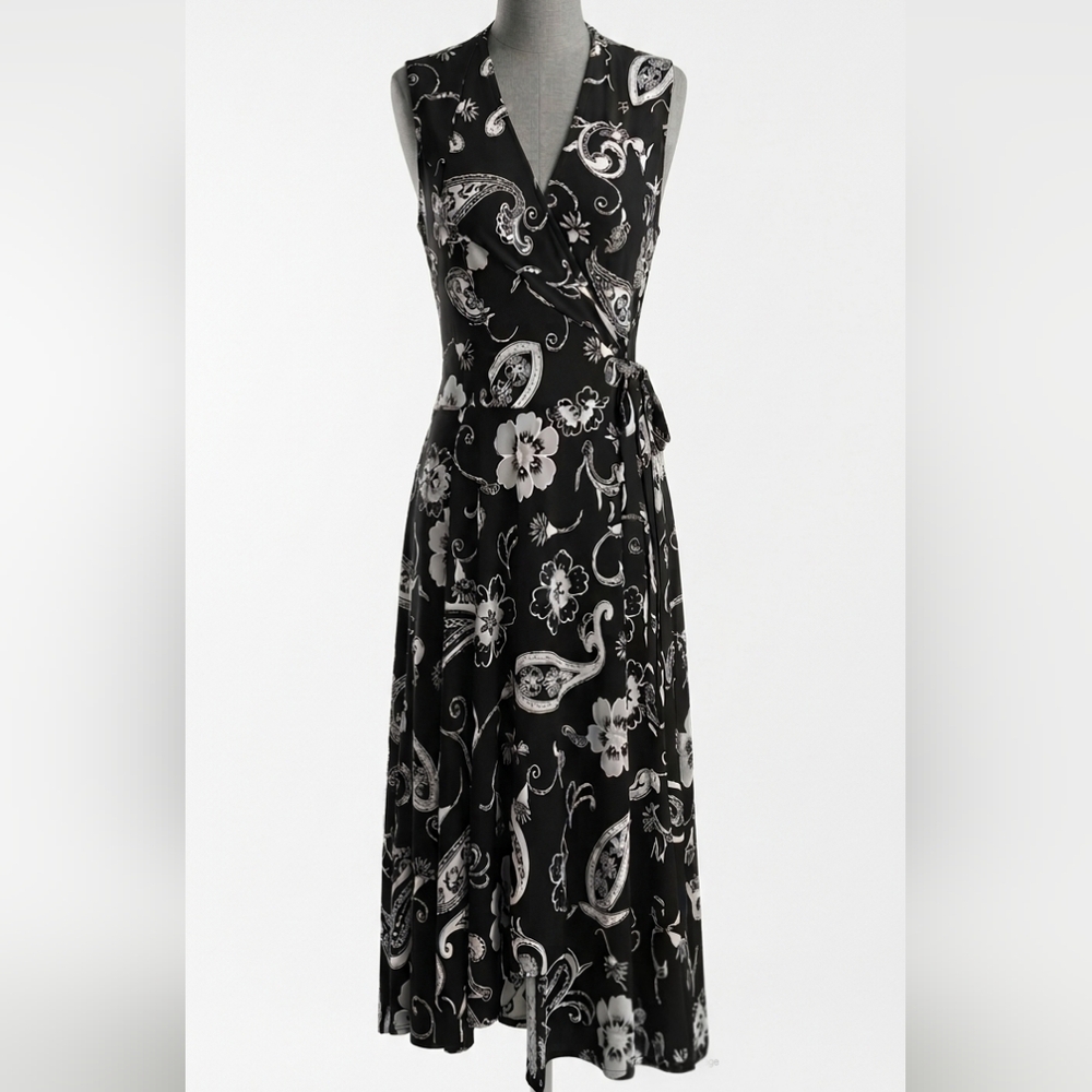 [Orange Fashion Village] Black & White Floral Paisley Wrap Midi Dress Women Med